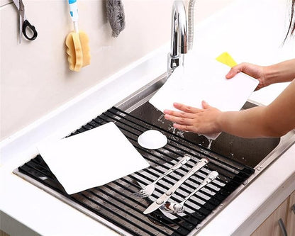 Roll Up Dish Drying Rack Over The Sink.Foldable Kitchen Drainer,Fully Silicone Cover Stainless Steel Bar,Heat-Resistant, Anti-Slip Sink Rack for Kitchen Counter Black,20.5 x 13 Inch