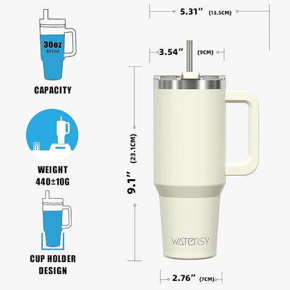 30 oz Tumbler with Handle,Tumbler with Lid and Straw,Double Wall Insulated Cup Stainless Steel Travel Mug(Cold for 34 Hours),Water Bottle for Iced Tea,Coffee,Cold Beverages(Cream White)