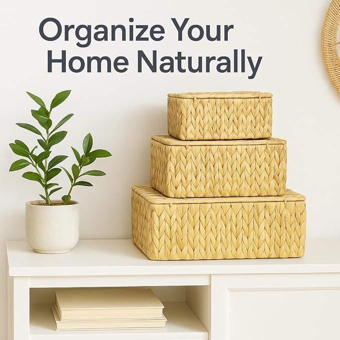Natural Water Hyacinth Storage Baskets, 3-Piece Handwoven Nesting Organizer Set, Decorative Woven Containers for Bathroom, Kitchen, Living Room (3 Large Baskets with Lids)