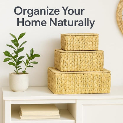 Natural Water Hyacinth Storage Baskets, 3-Piece Handwoven Nesting Organizer Set, Decorative Woven Containers for Bathroom, Kitchen, Living Room (3 Large Baskets with Lids)