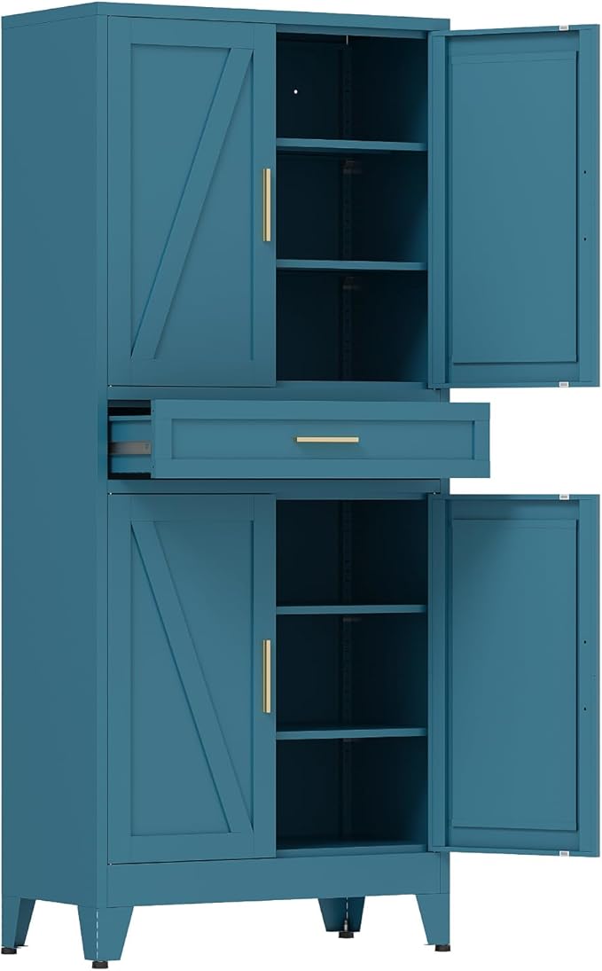 COFaR 71 in Tall Kitchen Pantry Cabinet, Metal Pantry Storage Cabinet with 4 Adjustable Shelves and 4 Barn Doors, Freestanding Farmhouse Food Cupboard for Dining Room, Peacock Blue 6-Tier