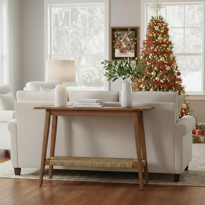 46 Inch Console Table, Farmhouse Wood Entryway Rustic Table with Wood Frame, Sofa Table Behind Couch for Entryway, Hallway or Living Room, Walnut Wood Color