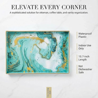 Decorative Tray, Marbling Plastic Tray with Handles, Rectangular Vanity Tray and Serving Tray for Bathroom, Kitchen, Ottoman and Coffee Table, 15.6" x 10.2" (Golden Blue)