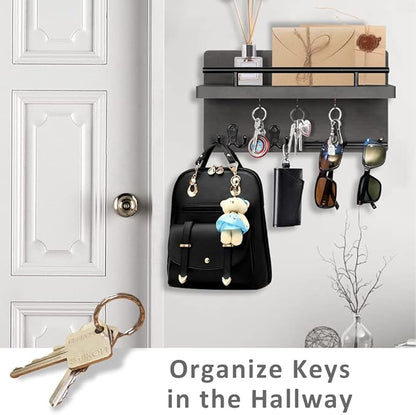 OurWarm Wall Mounted Key Hanger with 5 Hooks, Decorative Wooden Mail Organizer with Shelf, Rustic Home Decor for Entryway, Mudroom, Office, Hallway