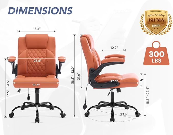 Office Chair with Adjustable Inflatable Lumbar Support,Leather Ergonomic Computer Desk Chair with Flip-up Arms,Adjustable Tilt Lock,Swivel Rolling Executive PC Chair for Work,Study,Meeting.Brown