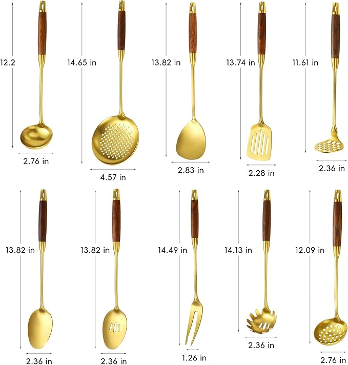 18/10 Stainless Steel Kitchen Utensils Set with Wood Handle Metal Cooking Utensils Set 10 Piece - Spatula, Spoon, Ladle, Skimmer, Slotted Turners, Pasta,Turner, Ladl, Fork