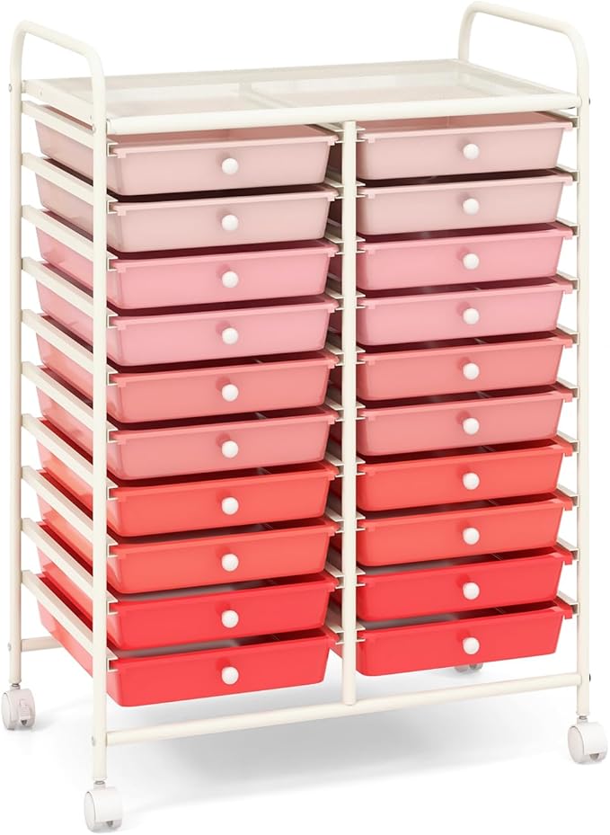 GOFLAME 20-Drawer Rolling Storage Cart, Multifunctional Art Craft Organizer, Mobile Utility Storage with Removable Drawers & Lockable Wheels, Craft Cart for Home Office School, Pink Gradient