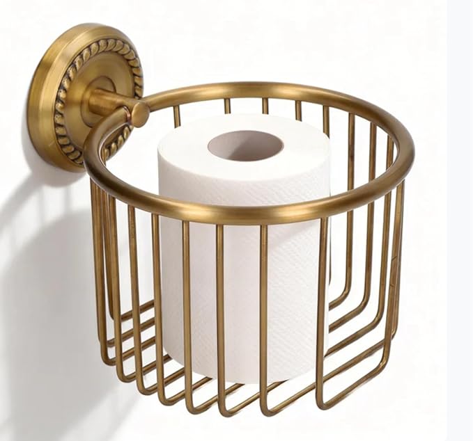 Brass Toilet Paper Holder, Wall Mounted Toilet Paper Holder Vintage Bathroom Roll Basket Antique Tissue Storage Basket for Bathroom