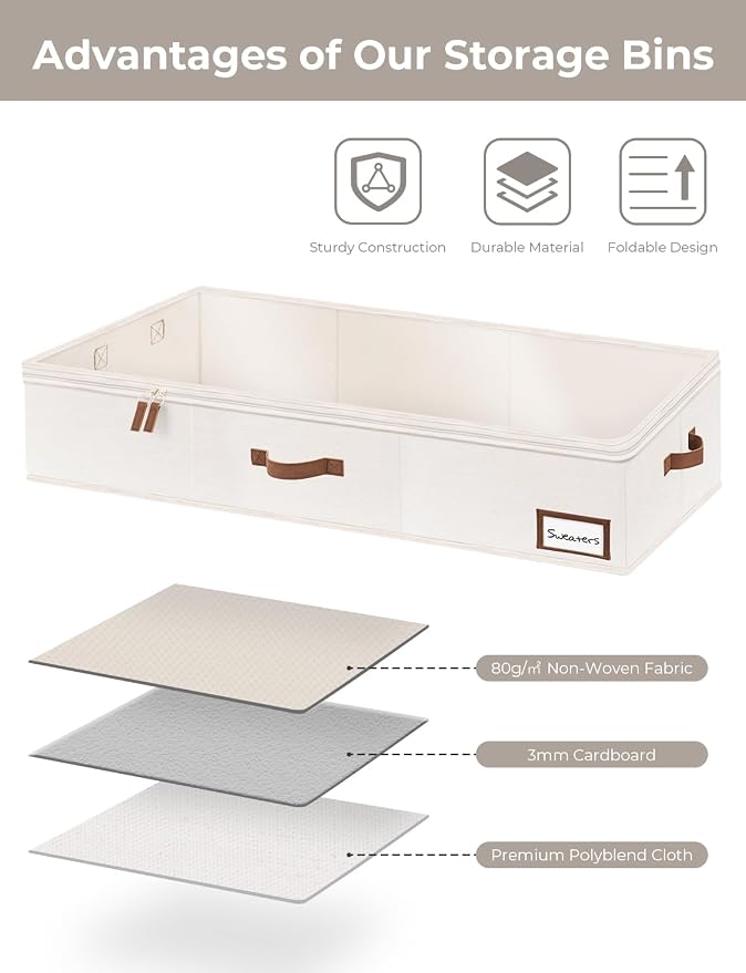 StorageWorks Under Bed Storage Containers with Handles and Label Holder, 2 Pack Ultra-thick Fabric Underbed Bins, Closet Organizer for Clothes, Blankets, Sweater