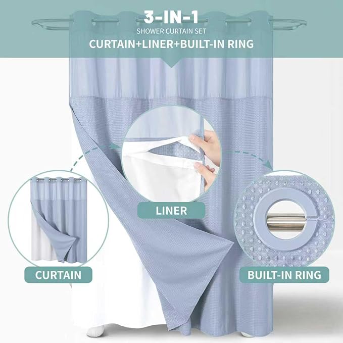 Blue No Hook Waffle Weave Shower Curtain with snap-in Liner Replacement, 230GSM Waterproof Fabric Hotel Shower Curtain Set for Bathroom, Through Mesh Top Window,60Wx74H