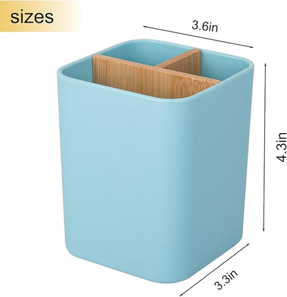 Bamboo Toothbrush Holder for Bathrooms, 3 Slots Toothbrush and Toothpaste Holder Bathroom Counter Organizer for Electric Toothbrushes, Floss, Razors - Blue