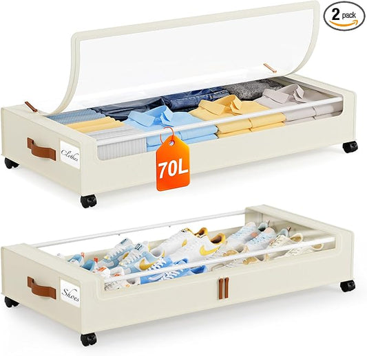 Yecaye Under Bed Storage with Wheels 2 Pack, 70L Larger Capacity Under Bed Storage Containers, Underbed Shoe Storage Organizer, Rolling Under Bed Metal Drawers for Clothes, Blankets(35.5 x 17 x 6.7in)