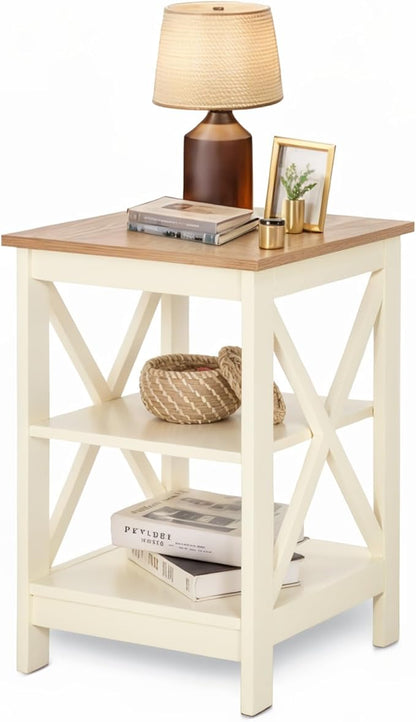 MAISON ARTS End Tables, Farmhouse Nightstand Set of 2, Small Side Table Living Room 3-Tier Modern Bed Side Table Nightstands for Bedroom, Sofa End Tables Set, Ivory White