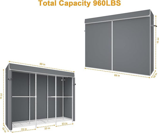 ULIFHOME E14C Pro Heavy Duty Closet Organizer System，Freestanding Clothing Racks for Hanging Clothes，Adjustable Garment Rack 69" W × 16" D × 77" H Hold 960 lbs，White Rack with Grey Dustproof Cover