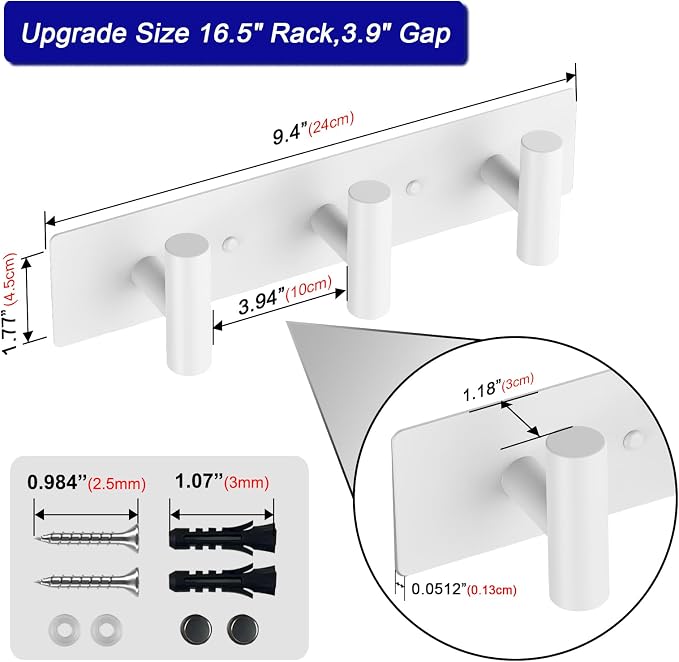 Bntuk Coat Rack Wall Mount - 3 Coat Hooks, Towel Racks for Bathroom Robes Bags Keys, Hat Rack Wall Towel Hooks Organizer (White)