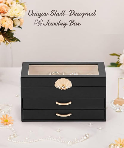 Jewelry Box with 2 Drawers: Display Organizer for Earrings Necklaces - Gifts for Girls Women (Black)