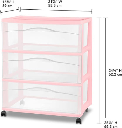 Sterilite 2 Pack Wide 3 Drawer Storage Cart, Rolling Organization, Pink | Clear Plastic Organizer Drawers with Wheels for Craft Supplies, Bath Essentials, or Home Accessories