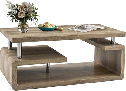 43.5" Coffee Table, 3-Tier Modern Center Table with Storage, Large Wood Coffee Table for Living Room, Office, Apartment (Retro Wood Grain)