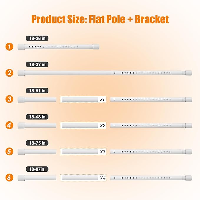Oval Closet Rod for Hanging Clothes, Adjustable Heavy Duty Closet Rods with End Supports, 18 to 75 Inch White Clothing Pole for Wardrobes, Laundry, RV