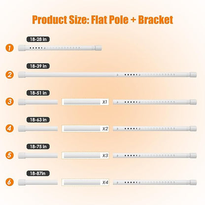 Oval Closet Rod for Hanging Clothes, Adjustable Heavy Duty Closet Rods with End Supports, 18 to 87 Inch White Clothing Pole for Wardrobes, Laundry, RV