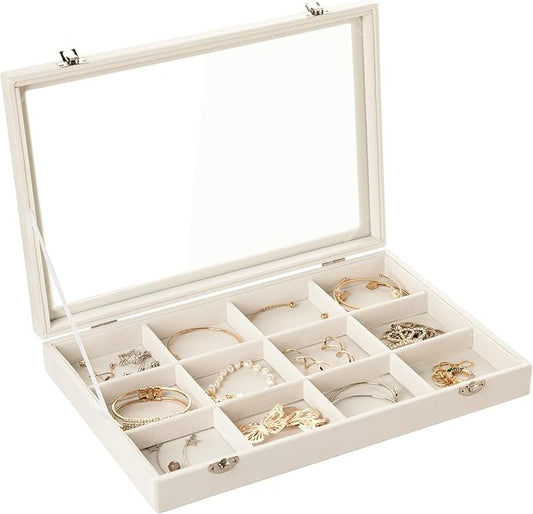 Frebeauty Velvet Jewelry Tray,12 Grid Jewelry Organizer with Clear Lid,Bracelets Holder,Jewelry Display Case with Clasp,Drawer Insert Bangle Brooch,13.8 x 9.5 x 2 Inches,Gift for Women Girls(Beige)