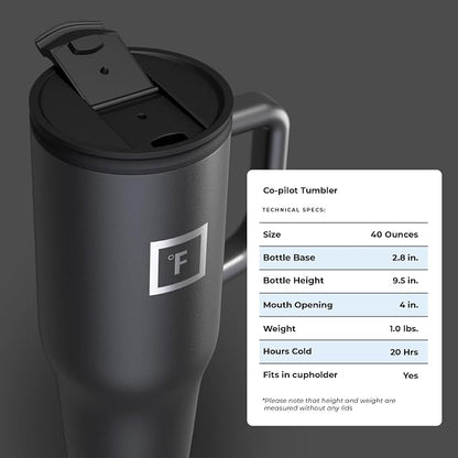 IRON °FLASK Co-Pilot Insulated Mug w/Straw & Flip Cap Lids - Cup Holder Bottle for Hot, Cold Drink - Leak-Proof - Water, Coffee Portable Travel Mug - Midnight Black, 40 Oz