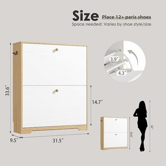 Nicetree Shoe Cabinet with 2 Flip Drawers, Narrow Shoe Organizer Cabinet, Freestanding Shoe Rack Cabinet, Modern Shoe Storage Cabinet for Entryway, Hallway, Foyer, Natural Oak and White with Hook