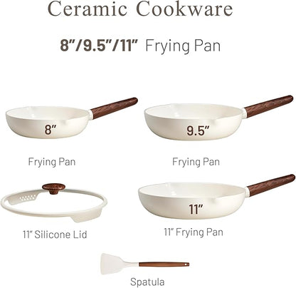 CAROTE Nonstick Frying Pans Skillets, Ceramic Coating Non-Stick Frying Pans Set, 5 PCS, Non-toxic Healthy & PFOA Free, Induction Compatible, 8+9.5+11 Inch with Colander Lid and Spatula, Cream White