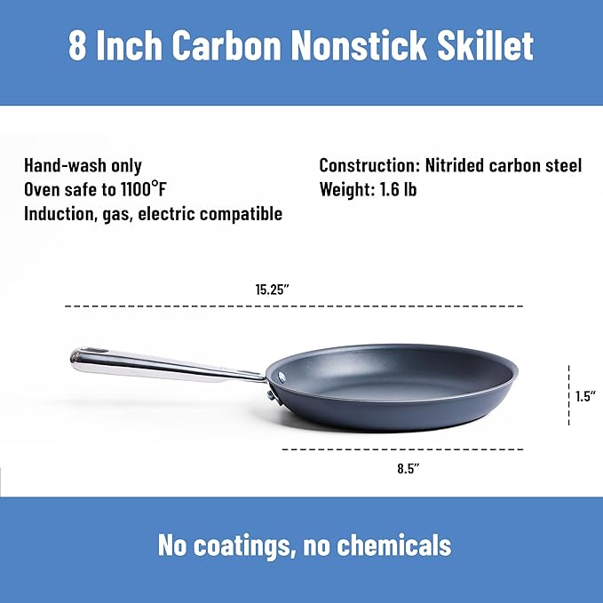 Misen Carbon Nonstick™ Frying Pan – Carbon Steel Pan, Naturally Nonstick No-Coating Surface, Ultra-Durable & Oven-Safe, Induction & Gas Compatible - 8 Inch