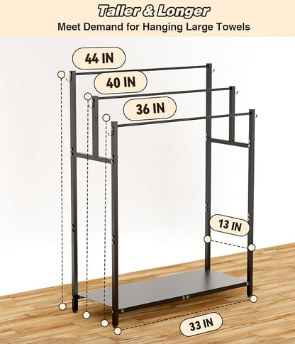 Mondazie 44” Tall Free Standing Towel Racks with 6 Hooks for Bathroom, 3 Tiers Oversized Pool Bath Towels Drying Stand, Metal Blanket Ladder Holder with Storage Shelf for Bedroom Living Room, Black