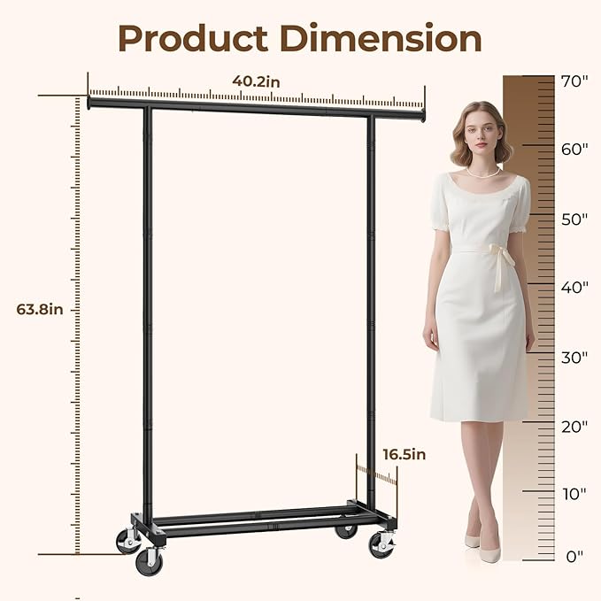 Clothes Rack, Clothing Rack for Hanging Clothes, Rolling Garment Rack Sturdy Coat Rack Portable Wardrobe Rack Metal Closet Rack for Bedroom Laundry Living Room, Black