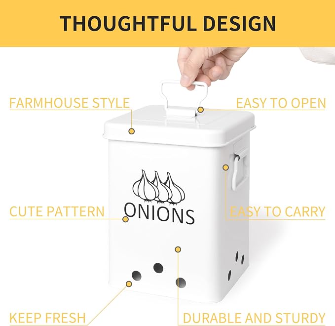 Potato and Onion Storage Bin, Set of 2 Vegetable Storage Tins with Metal Lids & Side Handles, Dual-row Ventilation Holes, Farmhouse Metal Kitchen Canisters Sets, White