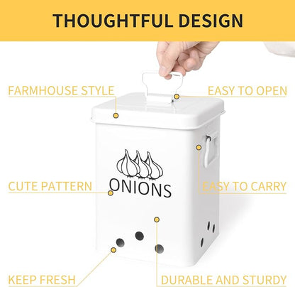 Potato and Onion Storage Bin, Set of 2 Vegetable Storage Tins with Metal Lids & Side Handles, Dual-row Ventilation Holes, Farmhouse Metal Kitchen Canisters Sets, White