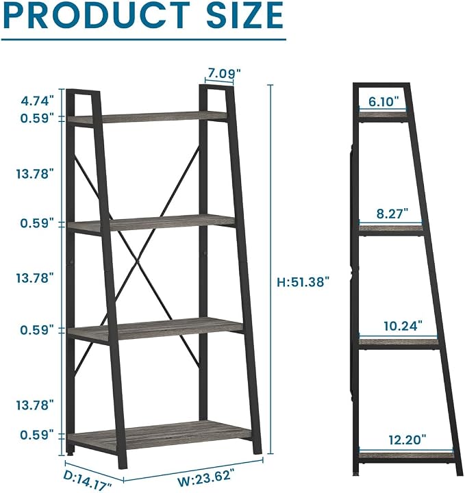 BON AUGURE Ladder Bookshelf, 4 Tier Ladder Shelf Bookcase, Wood Leaning Book Shelves for Living Room, Bedroom, Home Office Shelving Unit (Dark Grey Oak)