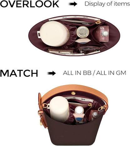 GIVLEFLY Purse Organizer Insert Fit for All In BB Tote Organizer Insert with Cup Holder, Light Weight Small Purse Liner with Built-In Zipper Pocket (Dark Red Lining,Small)