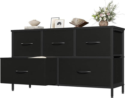 OLIXIS 5 Drawer Dresser for Bedroom, Closet Chest Organizer Furniture, TV Stand for Living Room Hallway, Wide Fabric Storage Tower with Wooden Top and Metal Frame, Black