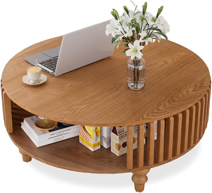 2-Tier Round Coffee Table 30.7" Round Coffee Table with Storage Mid-Century Modern Circle Accent Center Table Farmhouse Low Cocktail Tea Furniture for Living Room Small Spaces (30.7" Round)