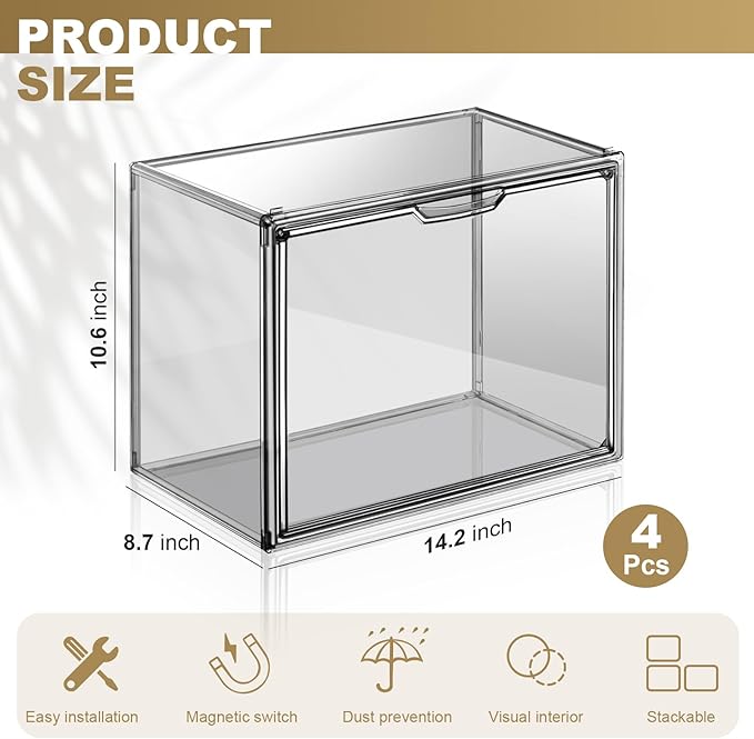 ULENDIS 4 Pack Handbag Storage Organizer for Closet, Transparent Gray Acrylic Display Case for Handbag Purse, Stackable Storage Organizer with Magnetic Door for Wallet Book Cosmetic Toys Display