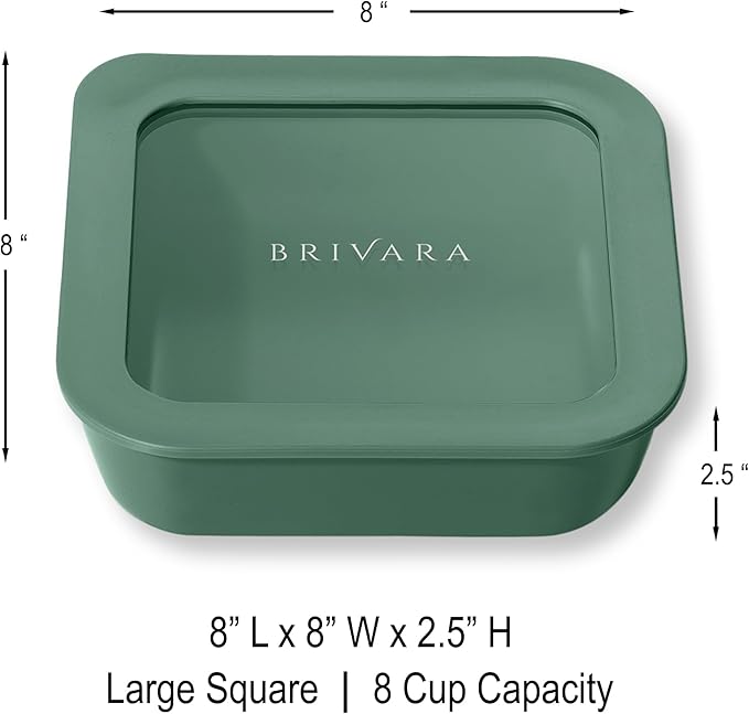 BRIVARA HOME Ceramic Coated Glass Food Storage Container | No PTFE, PFOA, PFAS, and BPA | Reusable Non Toxic Meal Prep Container with Glass Lid | Easy To Store | 8 Cup Square [Pine]