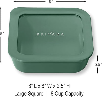 BRIVARA HOME Ceramic Coated Glass Food Storage Container | No PTFE, PFOA, PFAS, and BPA | Reusable Non Toxic Meal Prep Container with Glass Lid | Easy To Store | 8 Cup Square [Pine]