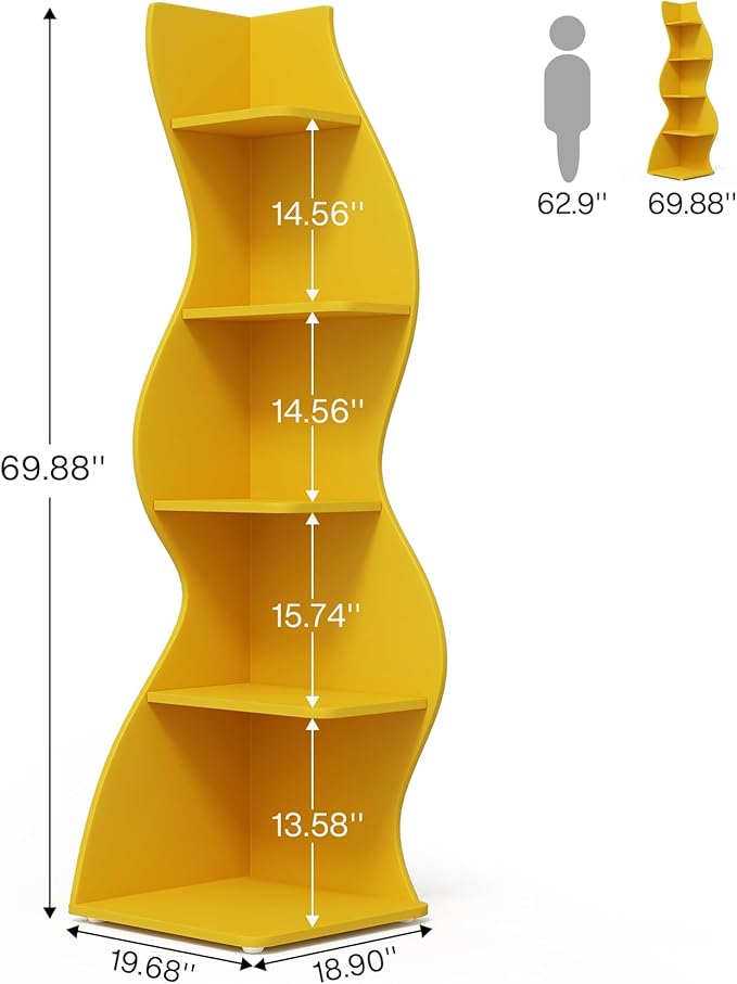 Tribesigns Corner Shelf, Modern 5-Tier Wall Corner Bookshelf, Stylish Corner Small Bookcase Storage Rack Plant Stand with Unique Shape for Living Room, Home Office (Yellow, 1PC)