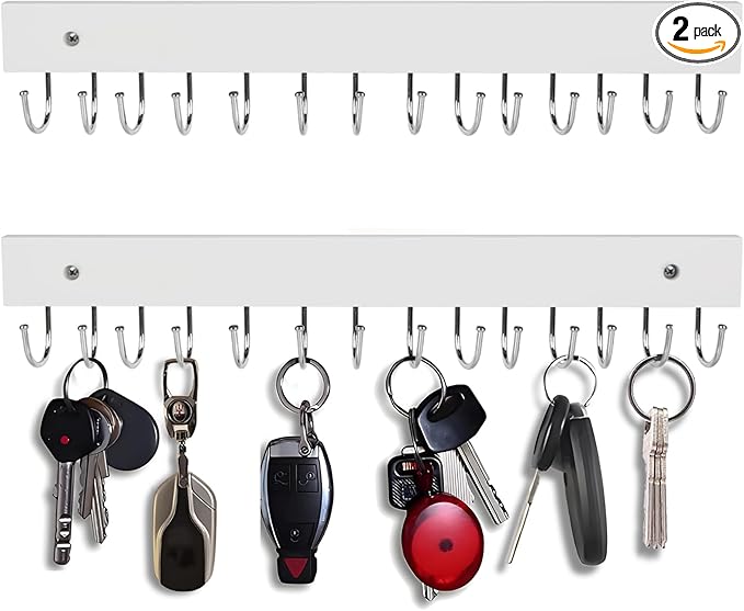 2Pack Key Holder Wall Mount with 28 Rotating 180° Key Hooks, 14.6" Rustproof Organizer Hanger for Apartment Decor, Wall Storage Rack for Entryway, Living Room, Hallway, Bathroom, Kitchen(White)