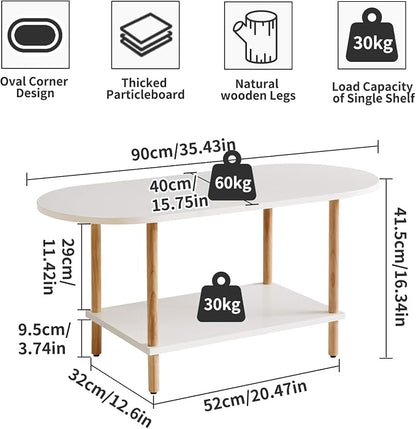 Aibiju Oval Coffee Table White, Small Wooden Coffee Table for Small Space, Tea Table Stand 35 * 16 * 17 inches, 2 Tier Center Table for Living Room White YD-012W