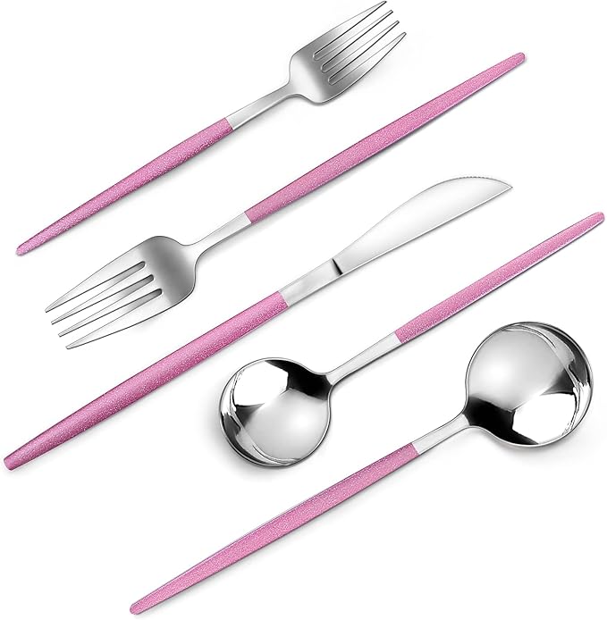VANVRO Mirror Silver Rosy Silverware Set, 20-Piece Stainless Steel Flatware Set, Satin Finish tableware Cutlery Set, Service for 4, Home and Restaurant, Dishwasher Safe