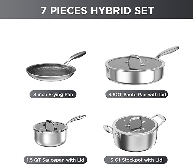 COOKER KING 7 PCS Stainless Steel Cookware Set, Pots and Pans Set Non Stick, Hybrid Cookware,Non-Stick Frying Pan, Saucepan, Saute Pan & Stockpot, Non-Toxic, Oven Safe, Induction Compatible