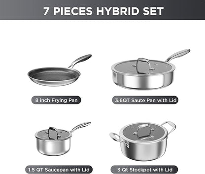 COOKER KING 7 PCS Stainless Steel Cookware Set, Pots and Pans Set Non Stick, Hybrid Cookware,Non-Stick Frying Pan, Saucepan, Saute Pan & Stockpot, Non-Toxic, Oven Safe, Induction Compatible