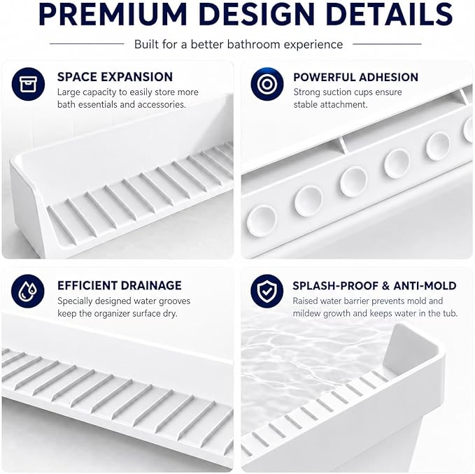 Bathtub Splash Guard for Tub Kids, Silicone Bath Toy Holder & Tub Side Tray with Suction Cups, Bath Tub Shelf for Kids, Bathtub Toy Storage, White