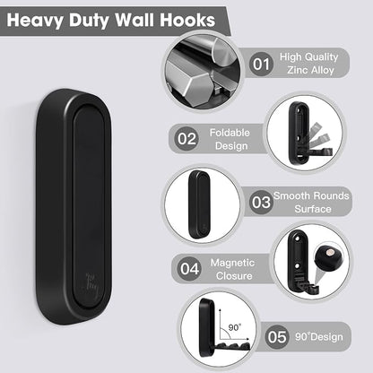 Dntorx Foldable Wall Hook, 40 lbs Heavy Duty Screw Mounted, Aluminum Alloy Flip-Down Black Coat Hook, Space-Saving Folding Wall Hanger for Bathroom Bedroom Entryway Closet, Includes Screws (4 Pack)