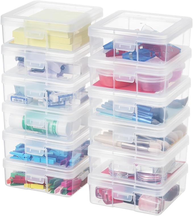 OMNISAFE 12 Pack Small Plastic Hobby Art Craft Organizer, Clear Plastic Storage Containers with Latching Lid, for Pencil Box, Lego, Crayon