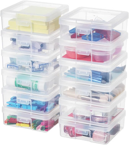 OMNISAFE 12 Pack Small Plastic Hobby Art Craft Organizer, Clear Plastic Storage Containers with Latching Lid, for Pencil Box, Lego, Crayon